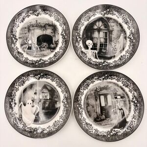 Eaton Fine Dining Spooky House Halloween Plates Set 4 Gothic Ghost Skeleton 8"